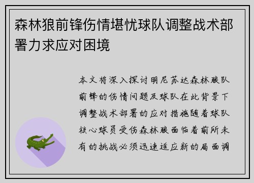 森林狼前锋伤情堪忧球队调整战术部署力求应对困境