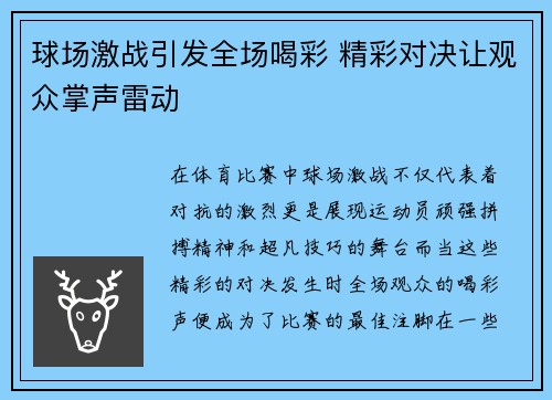 球场激战引发全场喝彩 精彩对决让观众掌声雷动