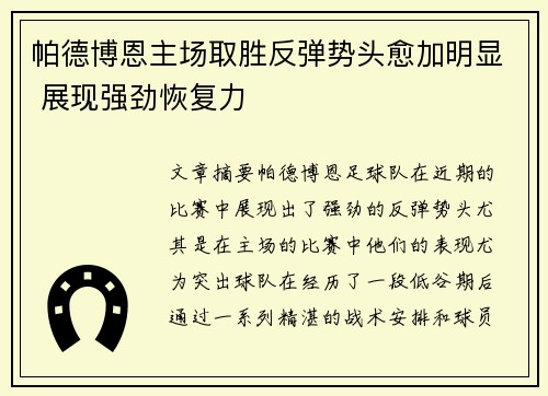 帕德博恩主场取胜反弹势头愈加明显 展现强劲恢复力