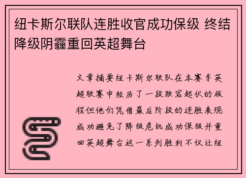 纽卡斯尔联队连胜收官成功保级 终结降级阴霾重回英超舞台