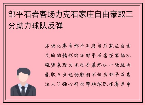 邹平石岩客场力克石家庄自由豪取三分助力球队反弹